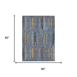5x8 Blue Brown Geometric Polyester Area Rug Washable Stain Resistant Indoor Outdoor