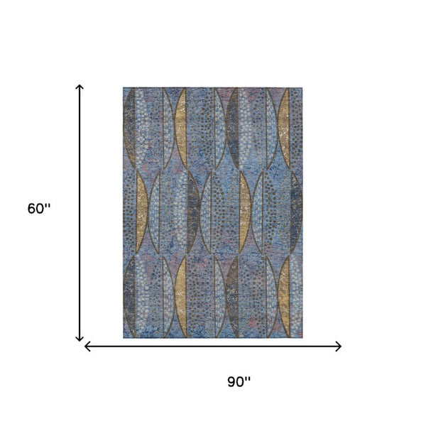 5x8 Blue Brown Geometric Polyester Area Rug Washable Stain Resistant Indoor Outdoor