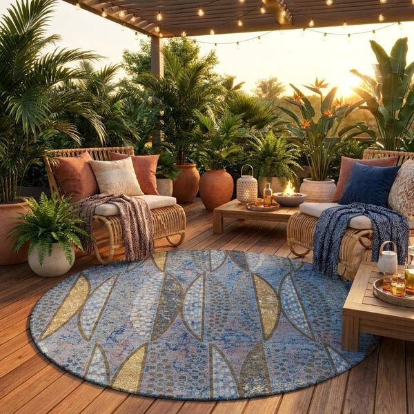 8 Foot Round Geometric Polyester Rug Washable for Patio Porch or Family Room
