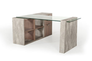 VIG Furniture Boston Modern Glass Faux Concrete Reversible L-Shaped Desk With Walnut Shelves, Tempered Glass Top, Storage (98) VGANBOSTON