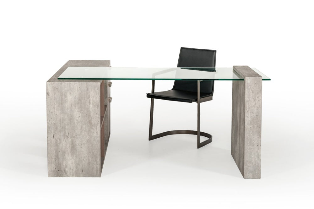 VIG Furniture Boston Modern Glass Faux Concrete Reversible L-Shaped Desk With Walnut Shelves, Tempered Glass Top, Storage (98) VGANBOSTON