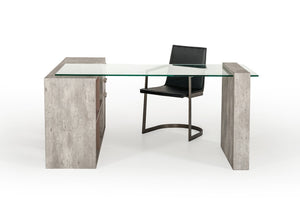 VIG Furniture Boston Modern Glass Faux Concrete Reversible L-Shaped Desk With Walnut Shelves, Tempered Glass Top, Storage (98) VGANBOSTON