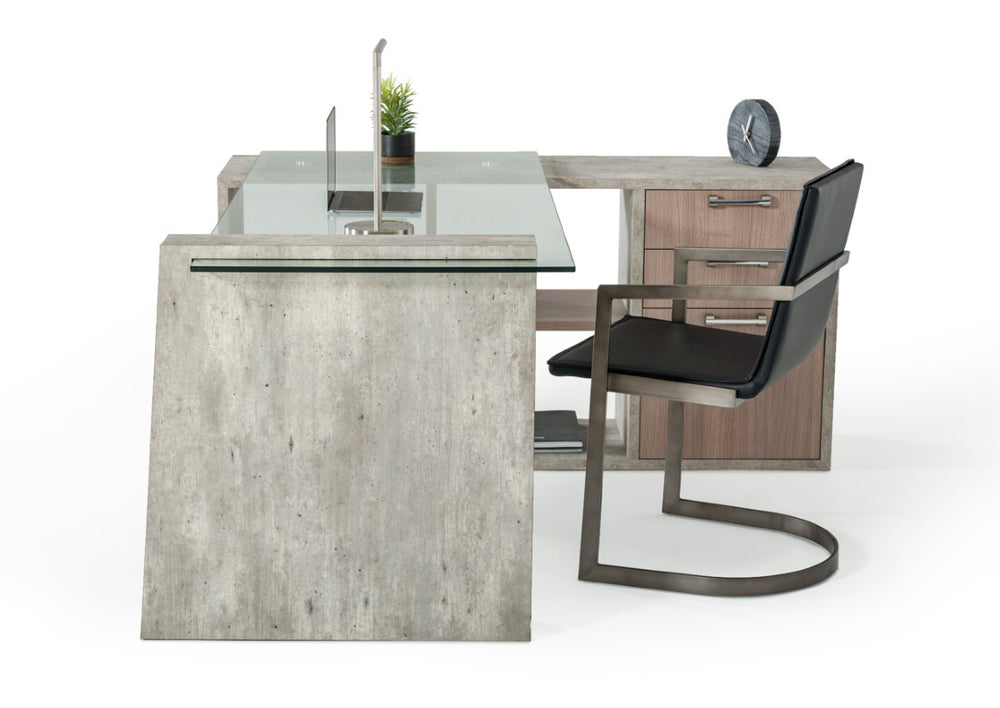 VIG Furniture Boston Modern Glass Faux Concrete Reversible L-Shaped Desk With Walnut Shelves, Tempered Glass Top, Storage (98) VGANBOSTON