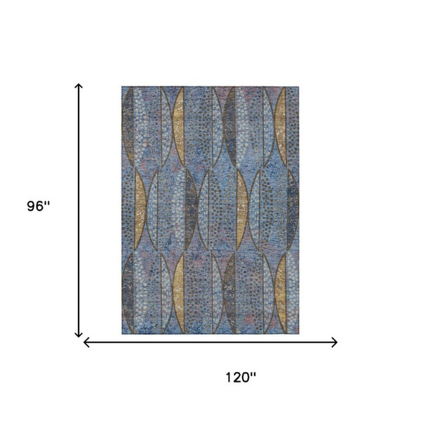 8 X 10 Blue Brown Geometric Polyester Washable Indoor Outdoor Area Rug