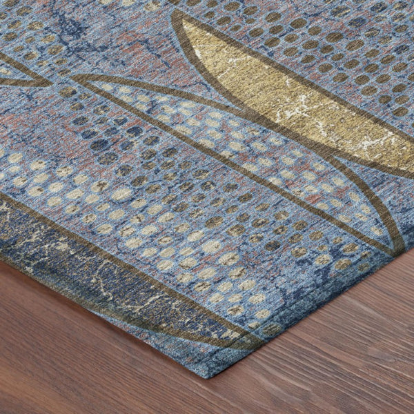 9x12 Blue Brown Geometric Polyester Area Rug Washable for Indoor Outdoor Spaces