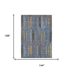 9x12 Blue Brown Geometric Polyester Area Rug Washable for Indoor Outdoor Spaces