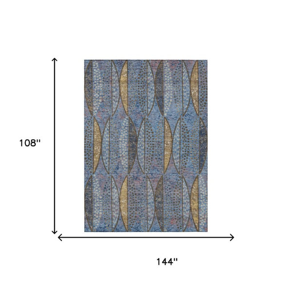 9x12 Blue Brown Geometric Polyester Area Rug Washable for Indoor Outdoor Spaces
