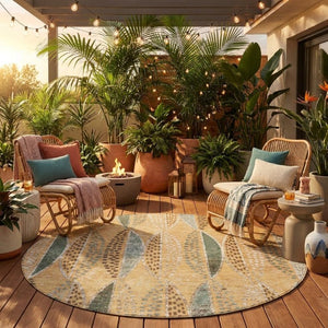 8 Foot Round Geometric Polyester Rug Washable Indoor Outdoor Patio Copper Beige