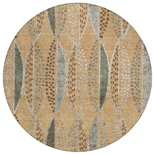 HomeRoots 8 Foot Round Geometric Polyester Rug Washable Indoor Outdoor Patio Copper Beige 737671