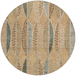 8 Foot Round Geometric Polyester Rug Washable Indoor Outdoor Patio Copper Beige