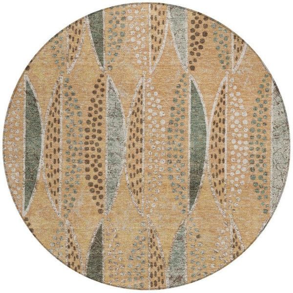 8 Foot Round Geometric Polyester Rug Washable Indoor Outdoor Patio Copper Beige