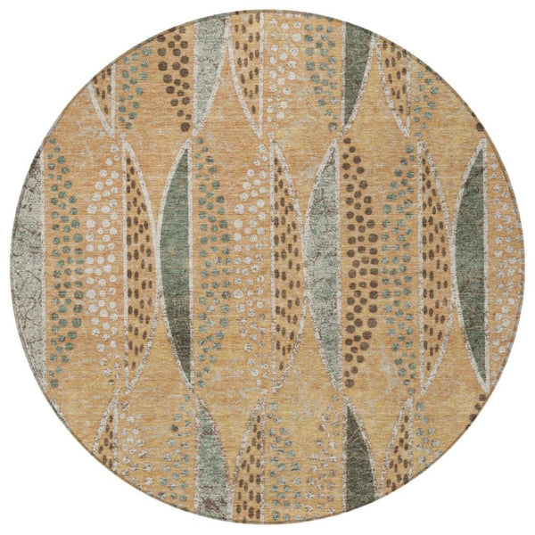 8 Foot Round Geometric Polyester Rug Washable Indoor Outdoor Patio Copper Beige