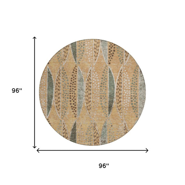 8 Foot Round Geometric Polyester Rug Washable Indoor Outdoor Patio Copper Beige