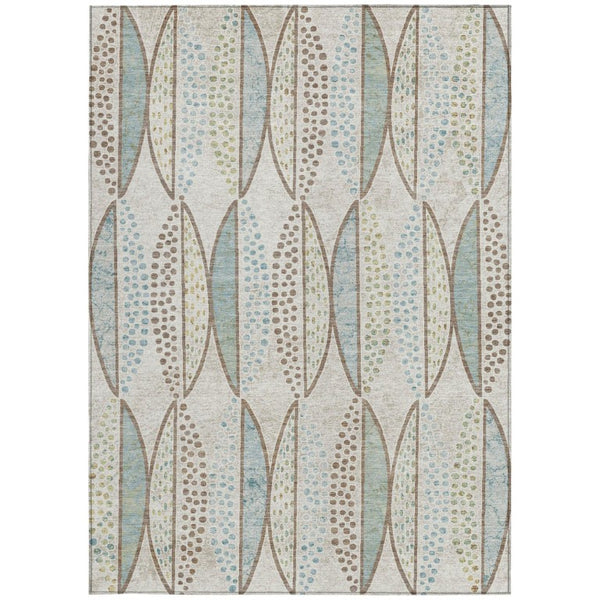 5x8 Ivory Brown Geometric Polyester Area Rug Washable Stain Resistant Indoor Outdoor