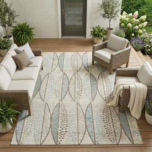 8 X 10 Ivory Brown Geometric Polyester Area Rug Stain Resistant for Patio or Living Room