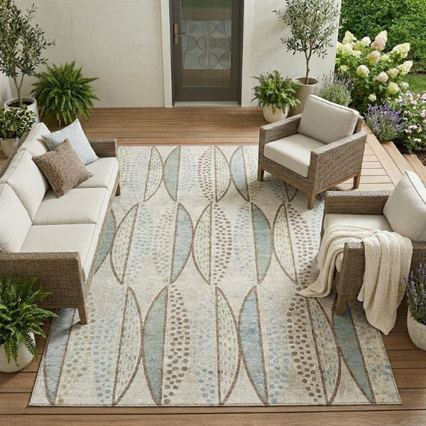 8 X 10 Ivory Brown Geometric Polyester Area Rug Stain Resistant for Patio or Living Room