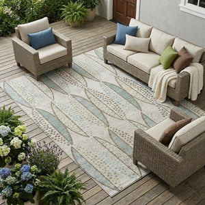 9 X 12 Ivory Brown Geometric Polyester Area Rug Washable for Indoor Outdoor Use