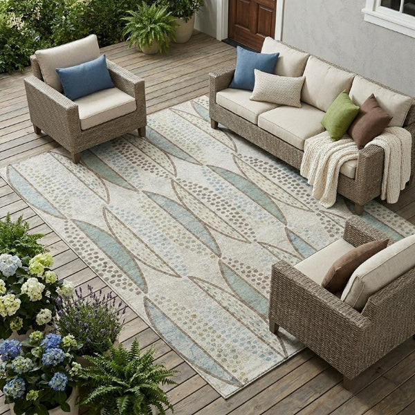 9 X 12 Ivory Brown Geometric Polyester Area Rug Washable for Indoor Outdoor Use