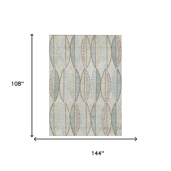 9 X 12 Ivory Brown Geometric Polyester Area Rug Washable for Indoor Outdoor Use