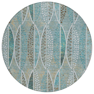 HomeRoots 8 Ft Round Geometric Polyester Rug Washable Teal Green for Patio or Family Room 737695