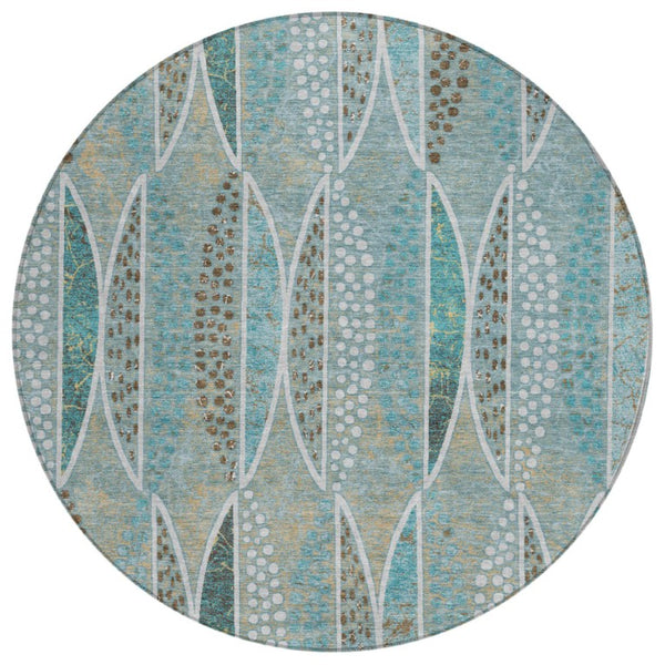 HomeRoots 8 Ft Round Geometric Polyester Rug Washable Teal Green for Patio or Family Room 737695