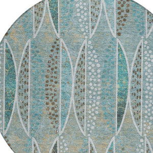 8 Ft Round Geometric Polyester Rug Washable Teal Green for Patio or Family Room