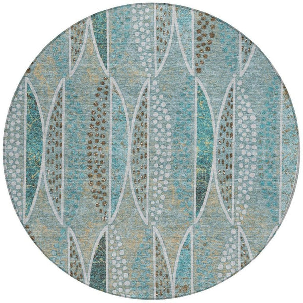 8 Ft Round Geometric Polyester Rug Washable Teal Green for Patio or Family Room