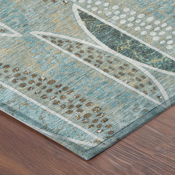8 Ft Round Geometric Polyester Rug Washable Teal Green for Patio or Family Room