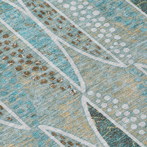 8 Ft Round Geometric Polyester Rug Washable Teal Green for Patio or Family Room