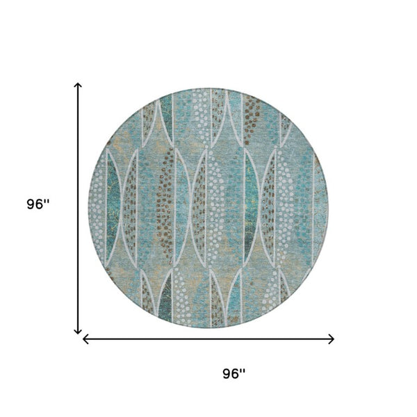 8 Ft Round Geometric Polyester Rug Washable Teal Green for Patio or Family Room