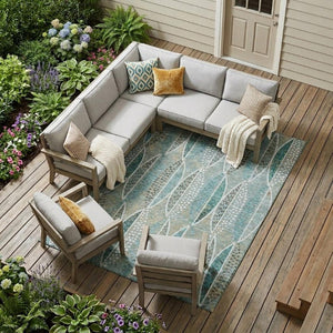 8 X 10 Teal Green Geometric Polyester Washable Rug for Patio Porch or Living Room