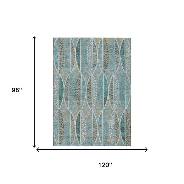 8 X 10 Teal Green Geometric Polyester Washable Rug for Patio Porch or Living Room