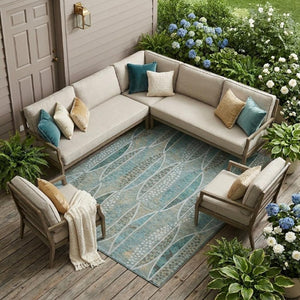 9 X 12 Teal Green Geometric Polyester Area Rug Washable for Patio Porch or Living Room
