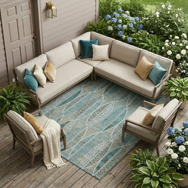 9 X 12 Teal Green Geometric Polyester Area Rug Washable for Patio Porch or Living Room