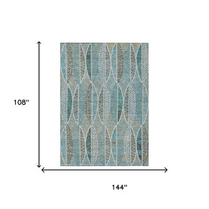 9 X 12 Teal Green Geometric Polyester Area Rug Washable for Patio Porch or Living Room