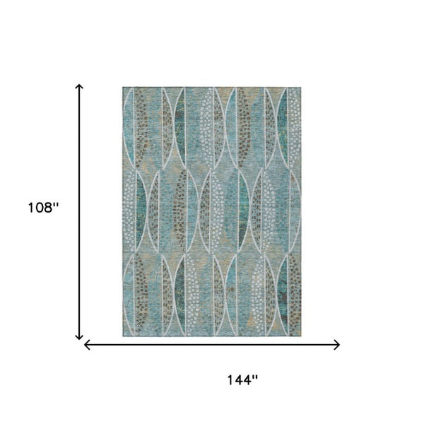 9 X 12 Teal Green Geometric Polyester Area Rug Washable for Patio Porch or Living Room