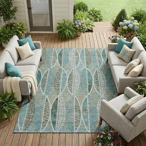 10 X 14 Teal Green Geometric Polyester Washable Rug for Patio Porch or Living Room