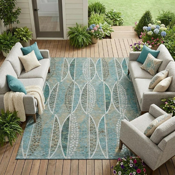 10 X 14 Teal Green Geometric Polyester Washable Rug for Patio Porch or Living Room