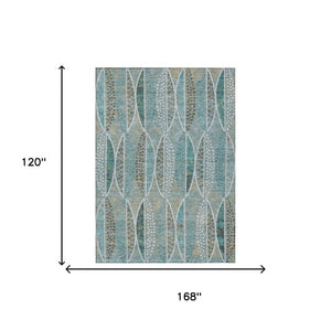 10 X 14 Teal Green Geometric Polyester Washable Rug for Patio Porch or Living Room