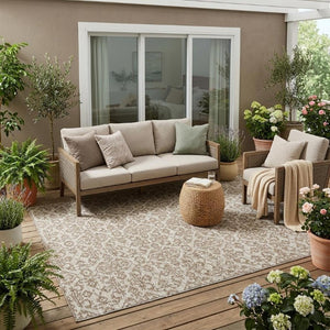 5x8 Beige Taupe Oriental Polyester Area Rug Washable Stain Resistant Indoor Outdoor