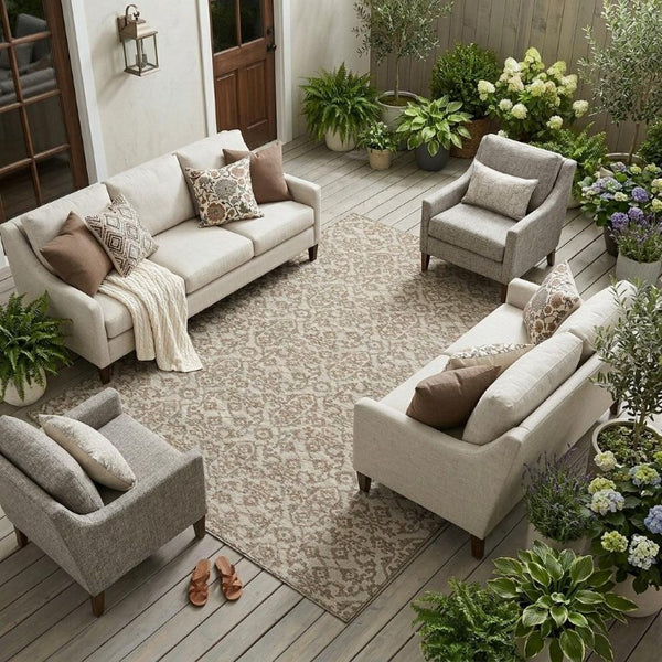 8 X 10 Beige Taupe Oriental Polyester Area Rug Stain Resistant Indoor Outdoor