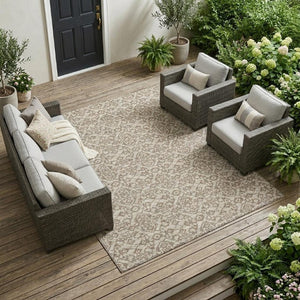 9x12 Beige Taupe Oriental Polyester Area Rug Stain Resistant Indoor Outdoor Use