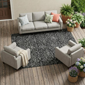 8x10 Black Saffron Oriental Polyester Area Rug Washable for Indoor Outdoor Use