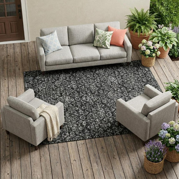 8x10 Black Saffron Oriental Polyester Area Rug Washable for Indoor Outdoor Use