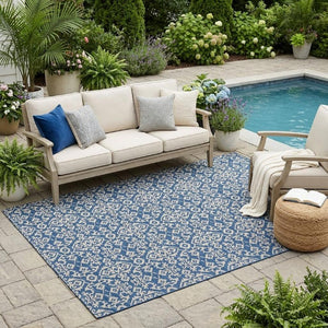 5x8 Oriental Polyester Area Rug Washable Stain Resistant Indoor Outdoor Navy