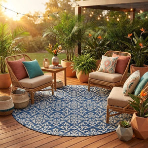 8 Foot Round Oriental Polyester Area Rug Washable Navy Indoor Outdoor Patio