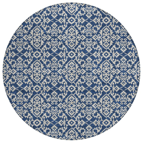 HomeRoots 8 Foot Round Oriental Polyester Area Rug Washable Navy Indoor Outdoor Patio 737731