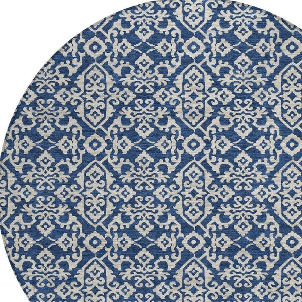 8 Foot Round Oriental Polyester Area Rug Washable Navy Indoor Outdoor Patio