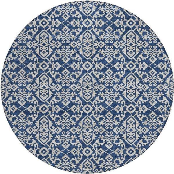 8 Foot Round Oriental Polyester Area Rug Washable Navy Indoor Outdoor Patio