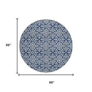 8 Foot Round Oriental Polyester Area Rug Washable Navy Indoor Outdoor Patio